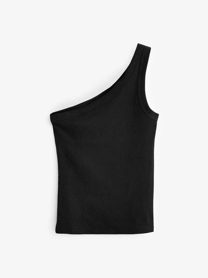 Black One Shoulder Rib Vest Top