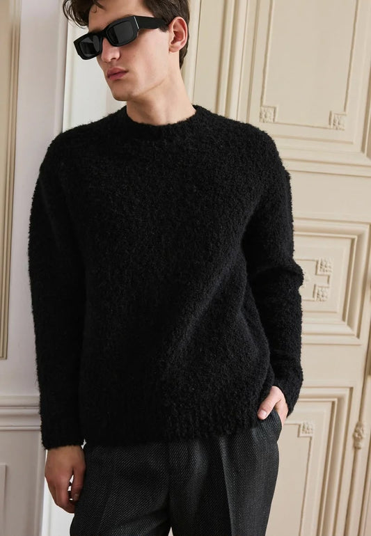 Black Relaxed Fit Boucle Texture Crew Jumper