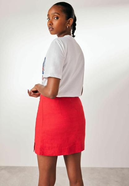 Red Linen Blend Mini Skirt