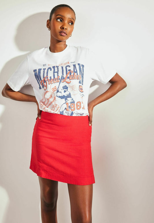 Red Linen Blend Mini Skirt