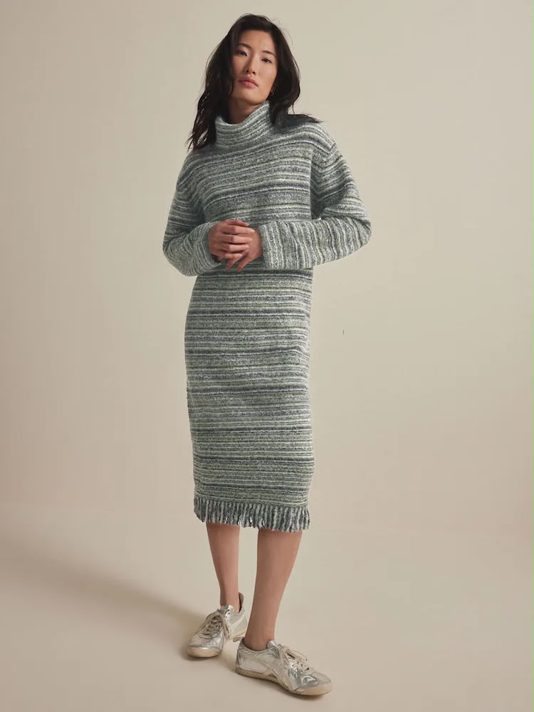 Green Khaki Olive Relaxed Fit Spacedye Roll Neck Midi Fringe Knitted Jumper Dress