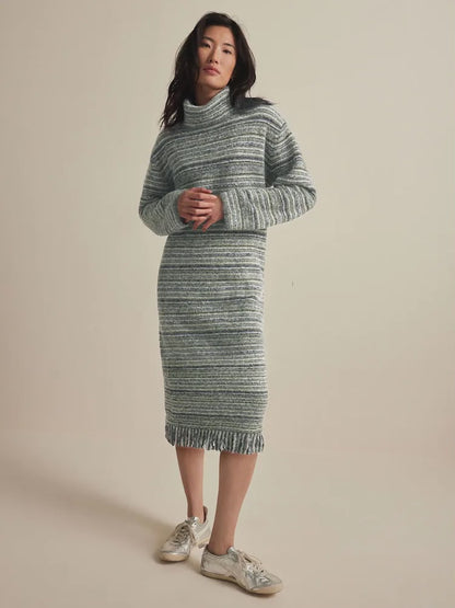 Green Khaki Olive Relaxed Fit Spacedye Roll Neck Midi Fringe Knitted Jumper Dress
