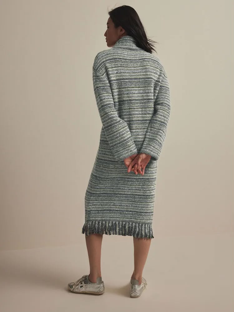 Green Khaki Olive Relaxed Fit Spacedye Roll Neck Midi Fringe Knitted Jumper Dress