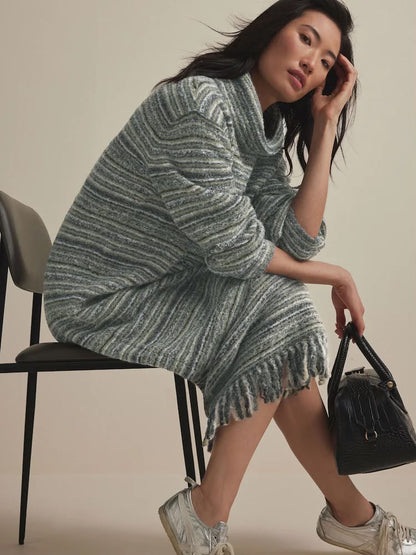Green Khaki Olive Relaxed Fit Spacedye Roll Neck Midi Fringe Knitted Jumper Dress