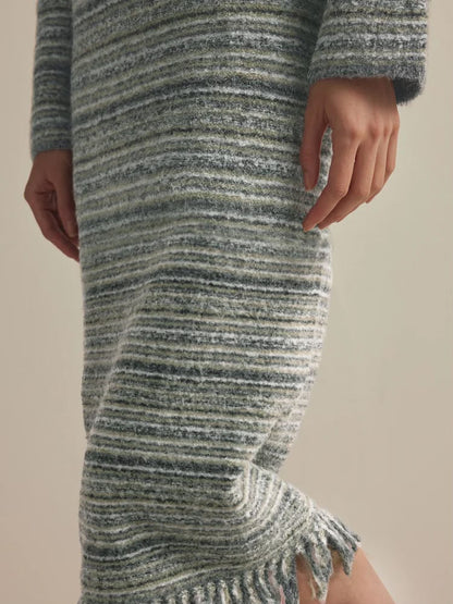 Green Khaki Olive Relaxed Fit Spacedye Roll Neck Midi Fringe Knitted Jumper Dress