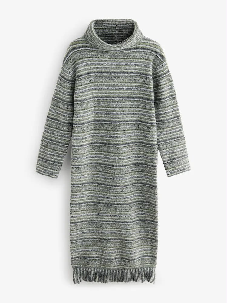 Green Khaki Olive Relaxed Fit Spacedye Roll Neck Midi Fringe Knitted Jumper Dress