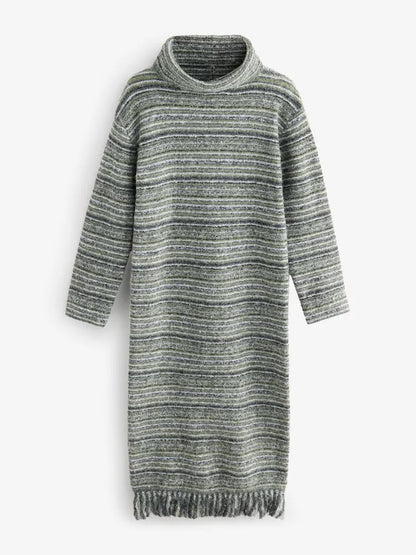 Green Khaki Olive Relaxed Fit Spacedye Roll Neck Midi Fringe Knitted Jumper Dress