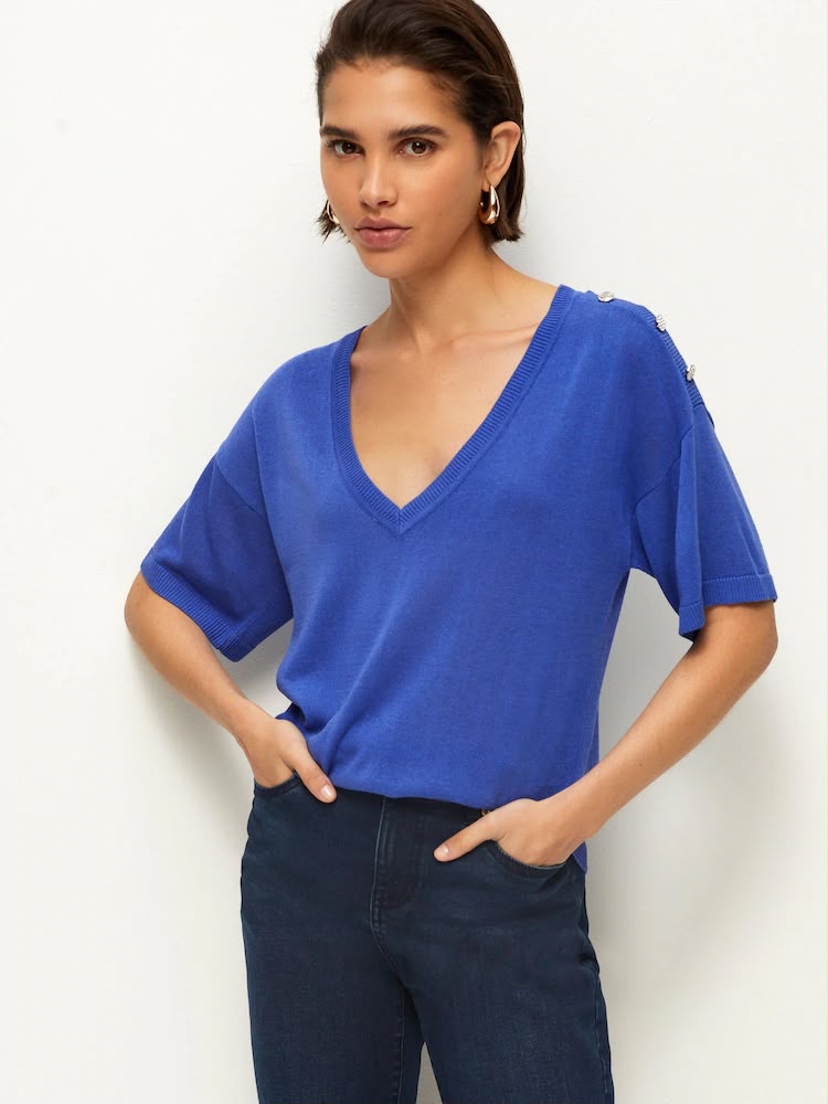 Bright Blue V- Neck Gem Button Linen T-shirt Shirt