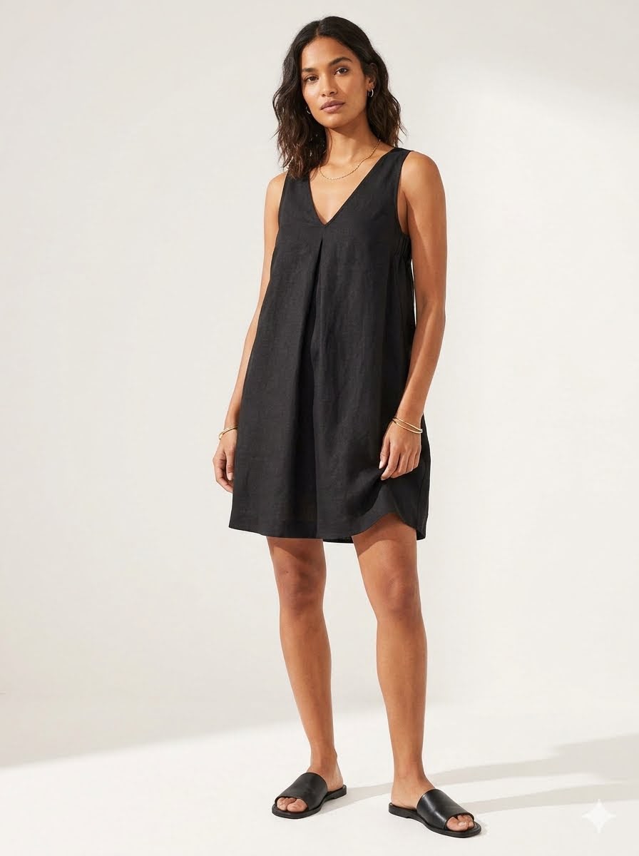 Black Linen Blend Mini Dress