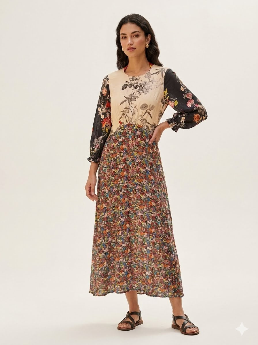 Vilagallo Kara Mixed Floral Print Maxi Dress