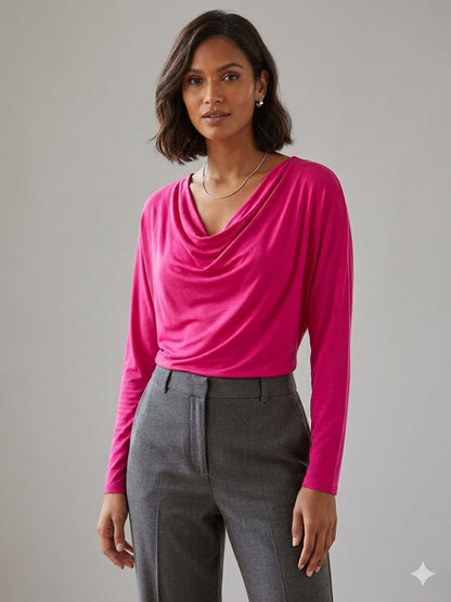Fuchsia Pink Cowl Neck Long Sleeve Top