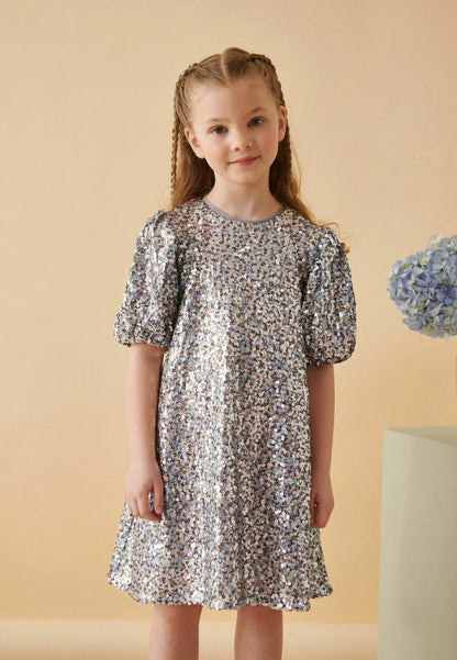 Sequin Puff Sleeve Cocktail Dress / Party Dress - Silver Gold