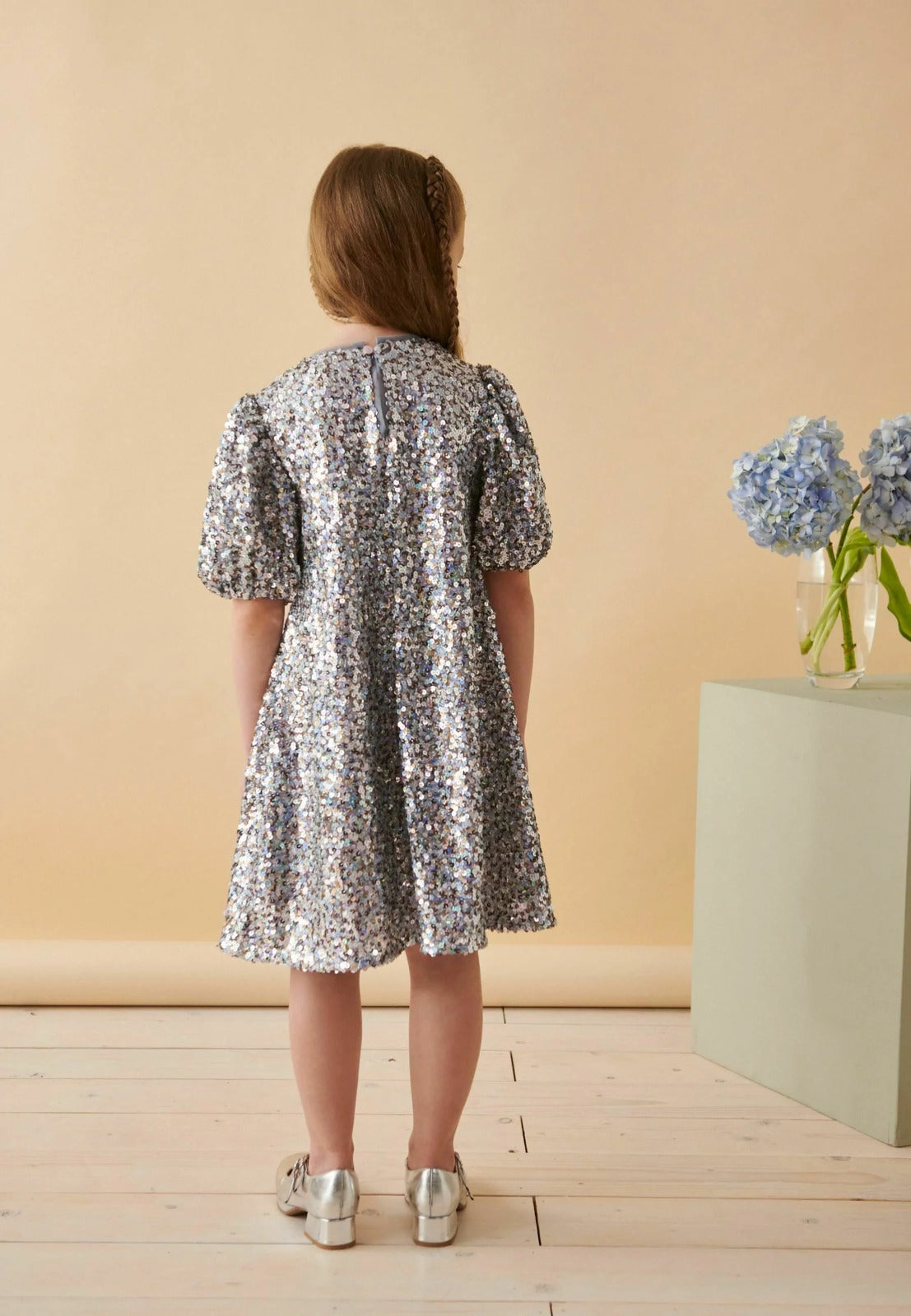 Sequin Puff Sleeve Cocktail Dress / Party Dress - Silver Gold