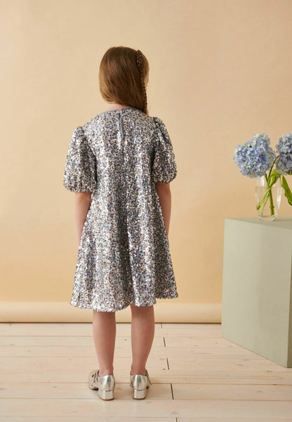 Sequin Puff Sleeve Cocktail Dress / Party Dress - Silver Gold