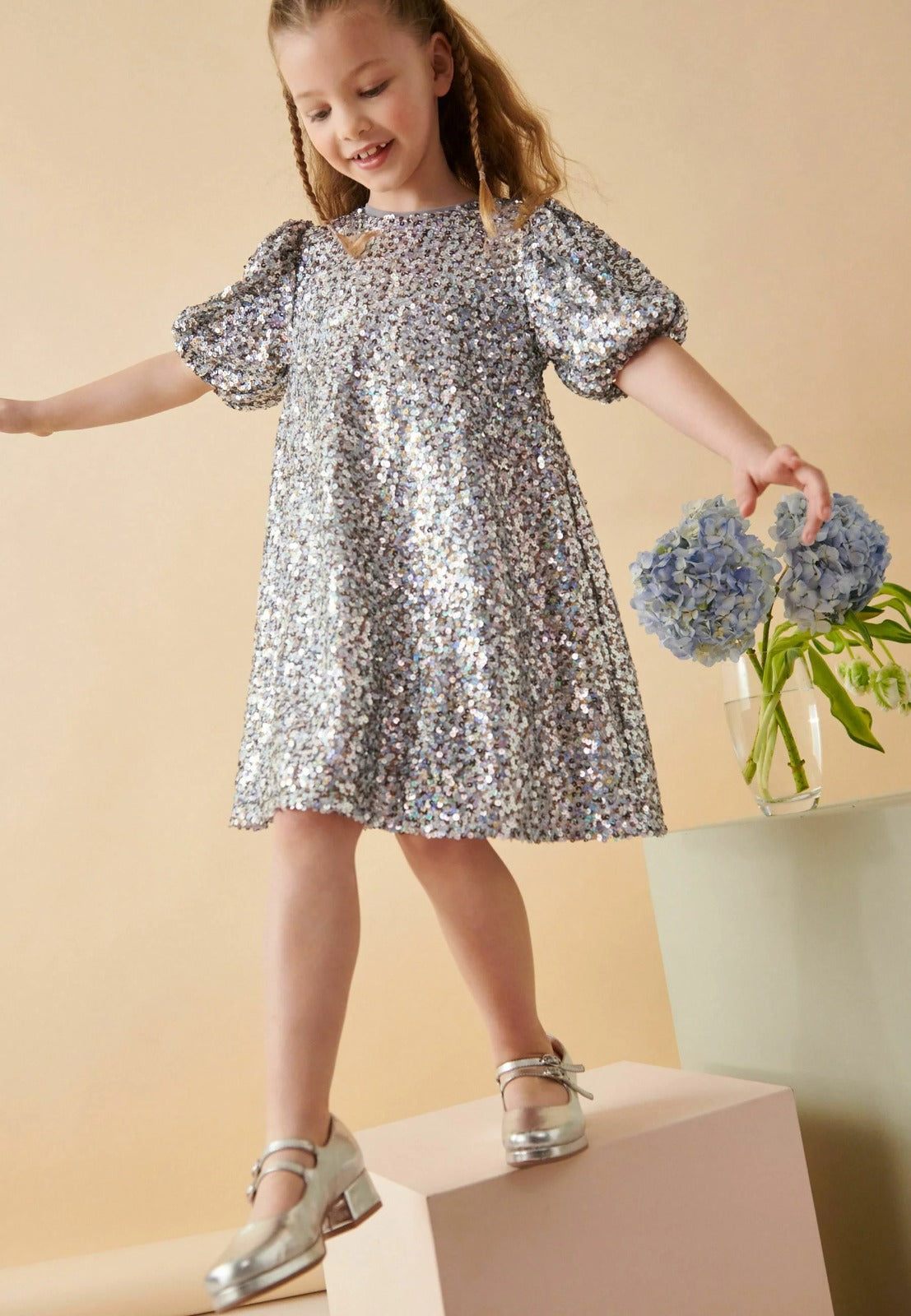 Sequin Puff Sleeve Cocktail Dress / Party Dress - Silver Gold