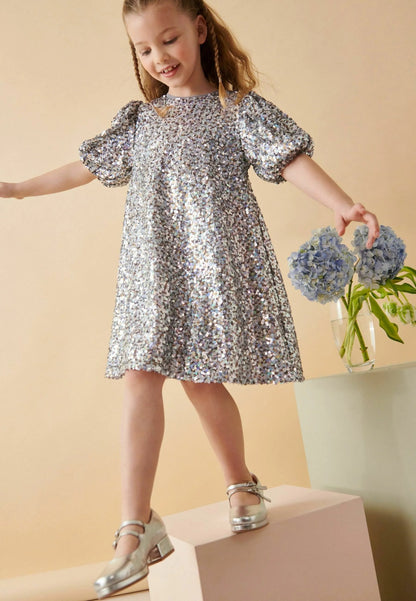 Sequin Puff Sleeve Cocktail Dress / Party Dress - Silver Gold