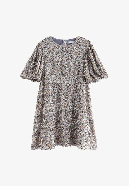 Sequin Puff Sleeve Cocktail Dress / Party Dress - Silver Gold
