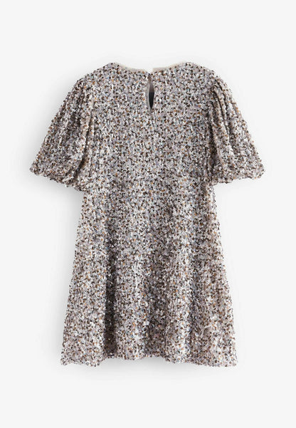 Sequin Puff Sleeve Cocktail Dress / Party Dress - Silver Gold