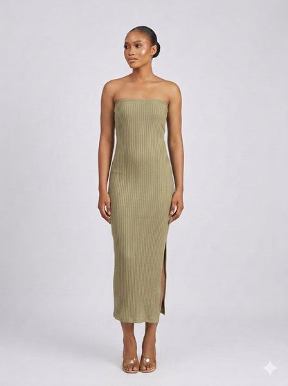 Strapless Ribbed Knit Midi Dress