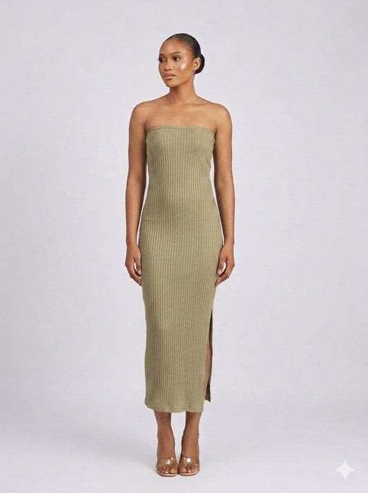 Strapless Ribbed Knit Midi Dress