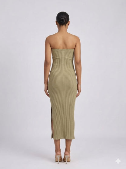 Strapless Ribbed Knit Midi Dress