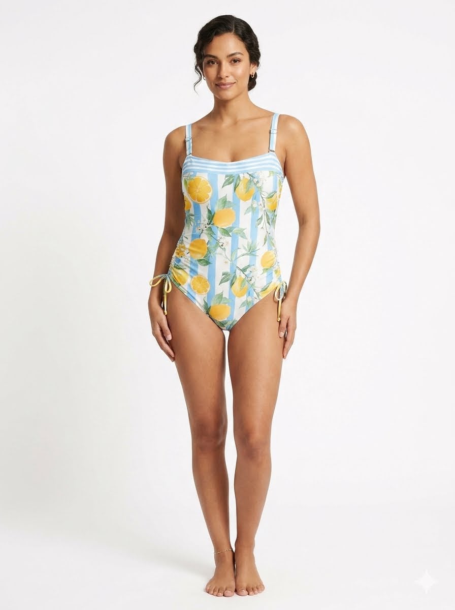 Lemon And Stripe Print Ruched Tummy Control Swimsuit
