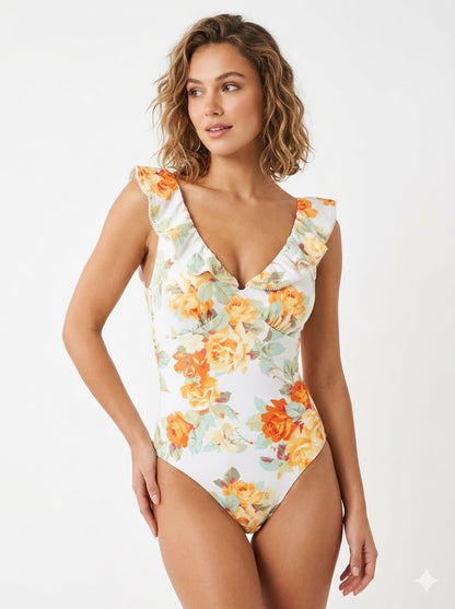 Floral Ruffle V-Neck Swimsuit
