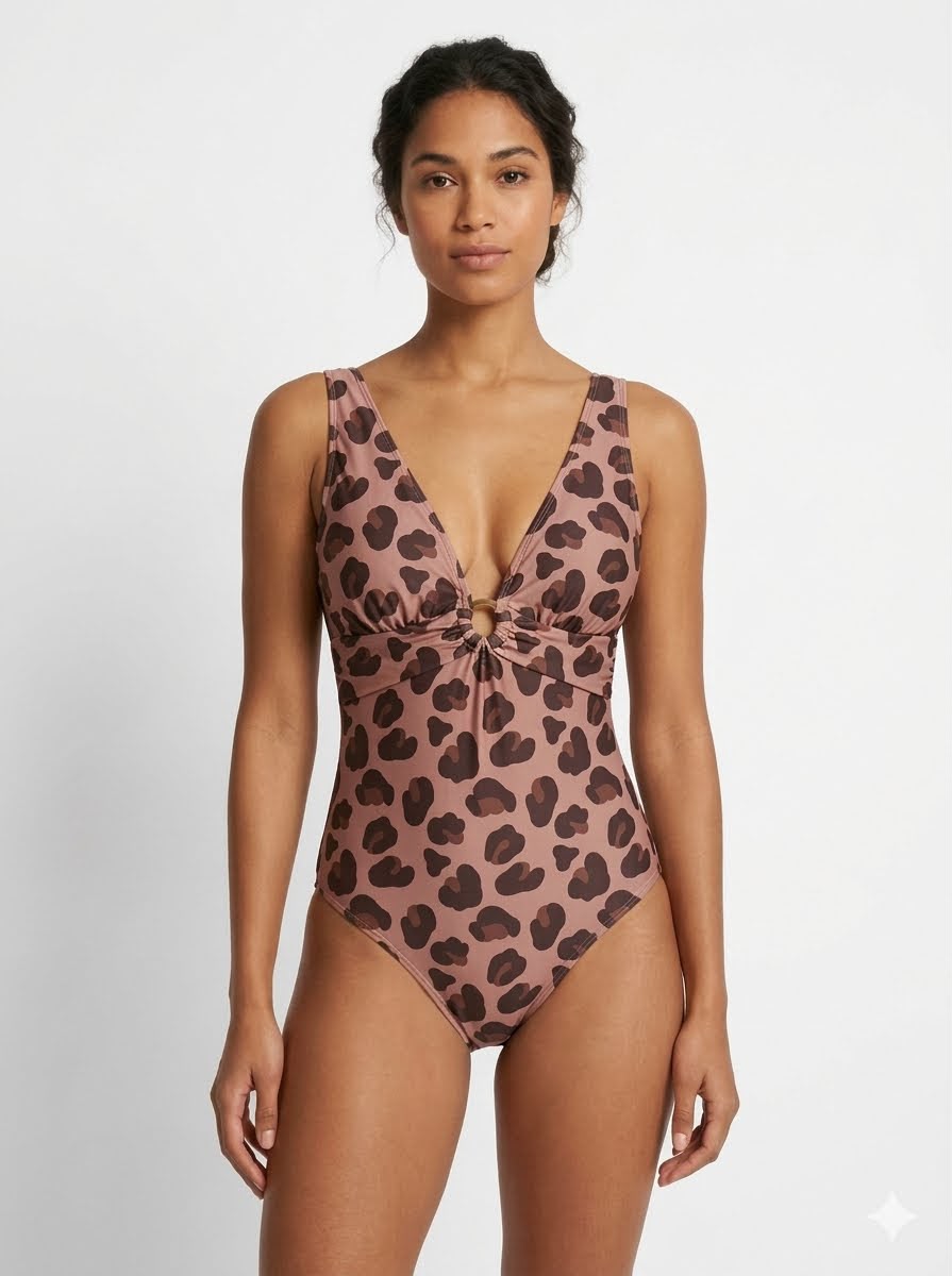 Tu Woman V-Neck Black & Brown Leopard Print Swimsuit