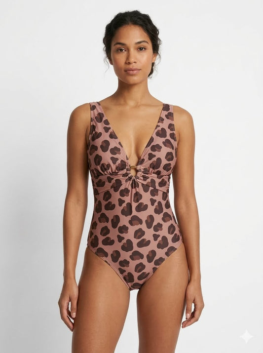Tu Woman V-Neck Black & Brown Leopard Print Swimsuit