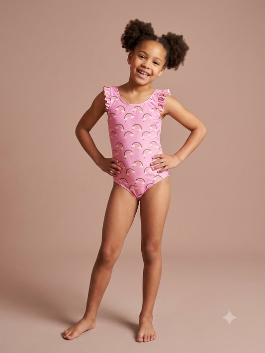 Girls Pink Rainbow Ruffle- Sleeve Swimsuit