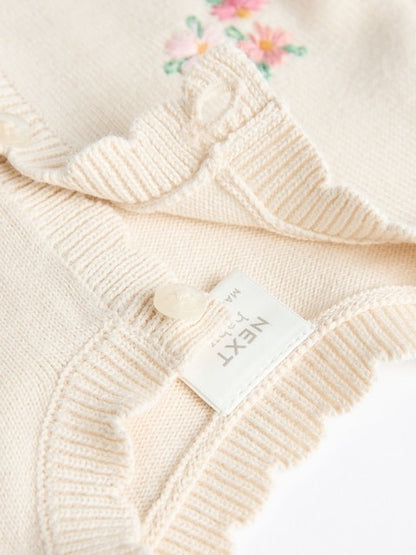 Cream Bunny 100% Cotton Pointelle Knitted Floral Flower Baby Cardigan