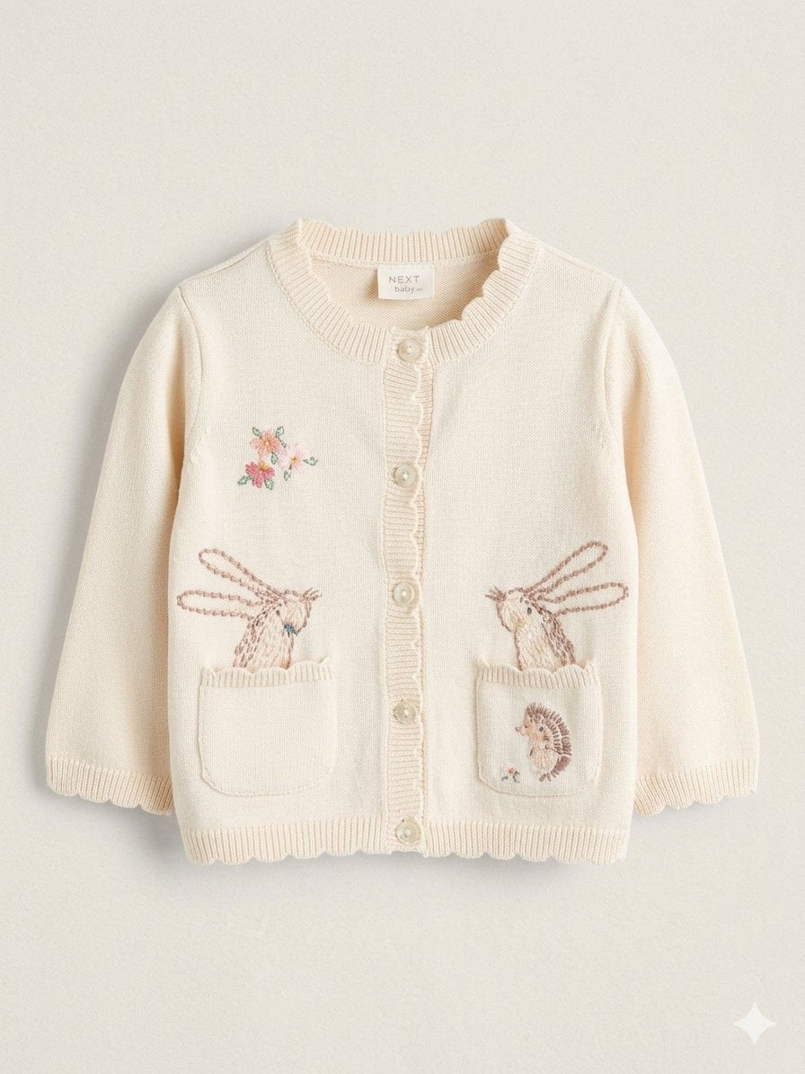 Cream Bunny 100% Cotton Pointelle Knitted Floral Flower Baby Cardigan