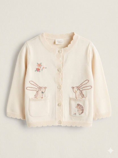 Cream Bunny 100% Cotton Pointelle Knitted Floral Flower Baby Cardigan
