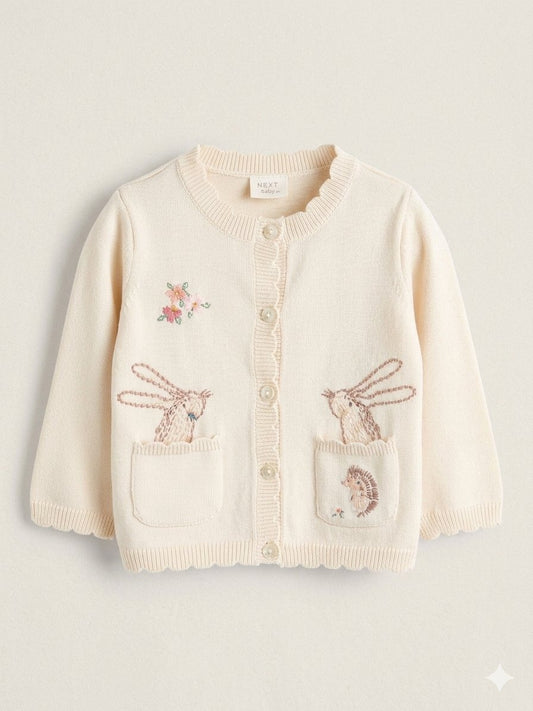 Cream Bunny 100% Cotton Pointelle Knitted Floral Flower Baby Cardigan