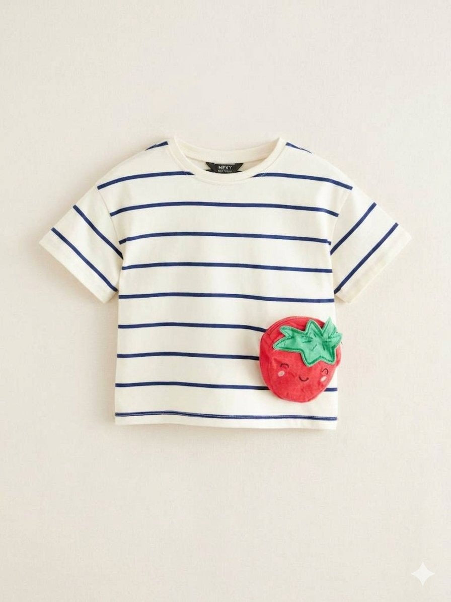 Buy Cream/Navy Stripe Strawberry 100% Cotton Short Sleeve Bag T-Shirt