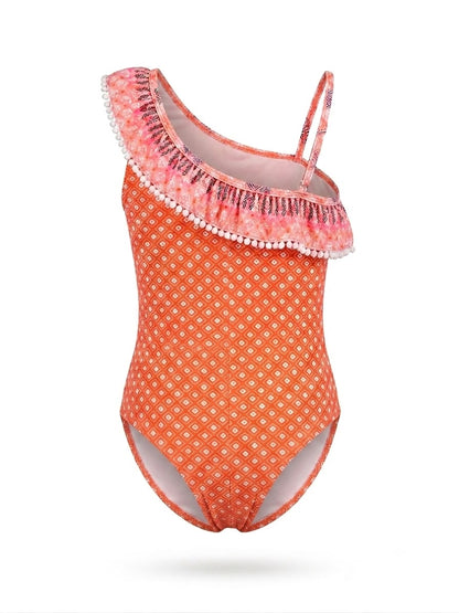Coral Geometric Ruffle One-Piece Swimsuit