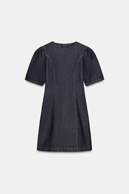 Puff Sleeve Mini Denim Dress