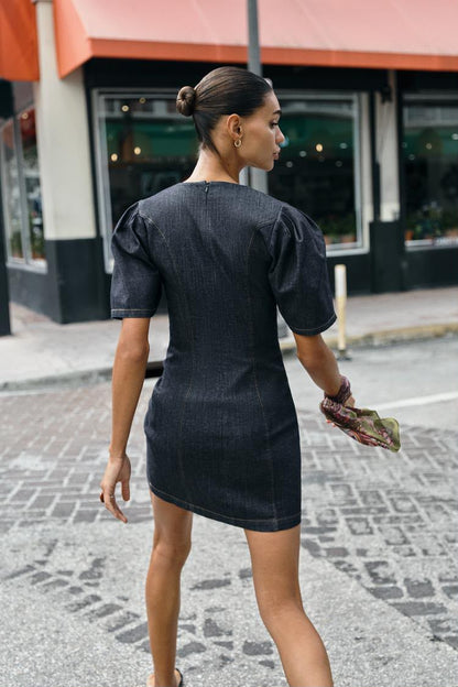 Puff Sleeve Mini Denim Dress