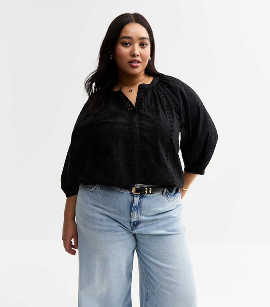 Curves Black Broderie Anglaise Cropped Sleeve Blouse