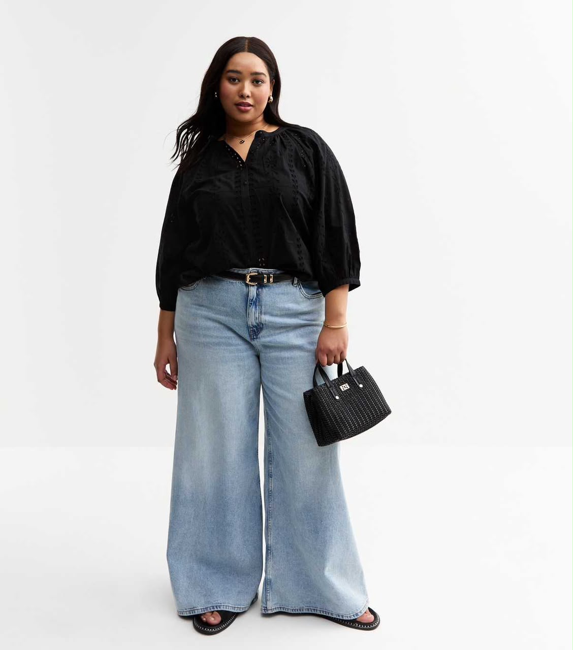Curves Black Broderie Anglaise Cropped Sleeve Blouse