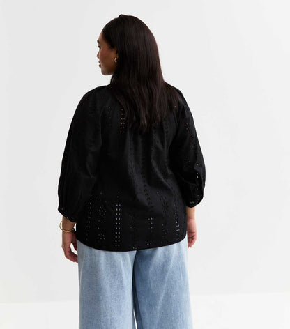 Curves Black Broderie Anglaise Cropped Sleeve Blouse