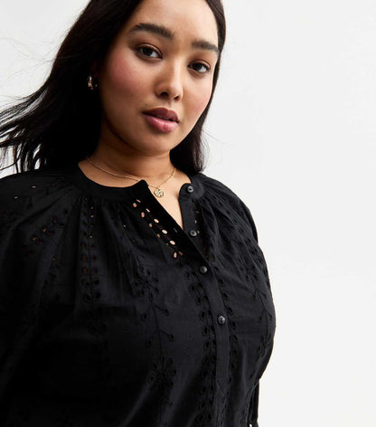 Curves Black Broderie Anglaise Cropped Sleeve Blouse