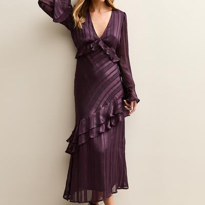 New Look Satin Jacquard Asymmetric Midi Dress in Burgundy/Plum