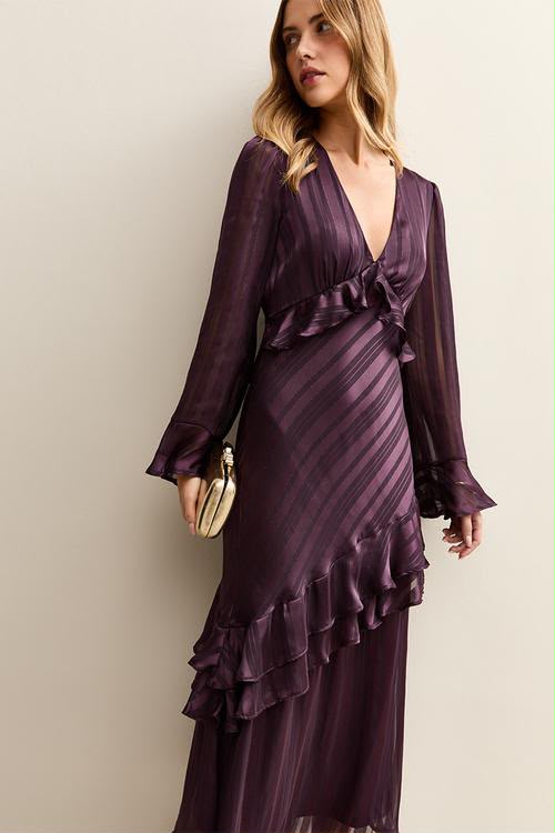 New Look Satin Jacquard Asymmetric Midi Dress in Burgundy/Plum