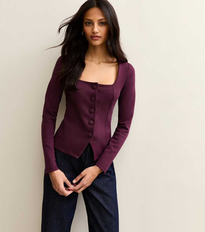 Dark Burgundy Jersey Buttoned Square Neck Top