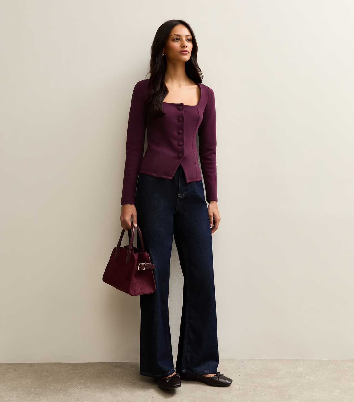 Dark Burgundy Jersey Buttoned Square Neck Top