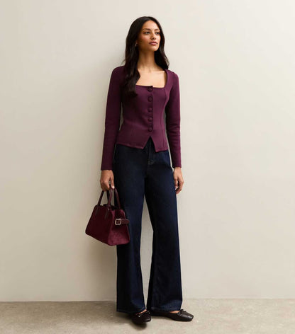 Dark Burgundy Jersey Buttoned Square Neck Top