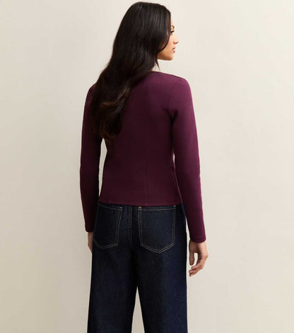 Dark Burgundy Jersey Buttoned Square Neck Top