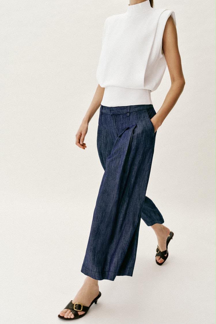 Zara pleated Culotted Denim Blue