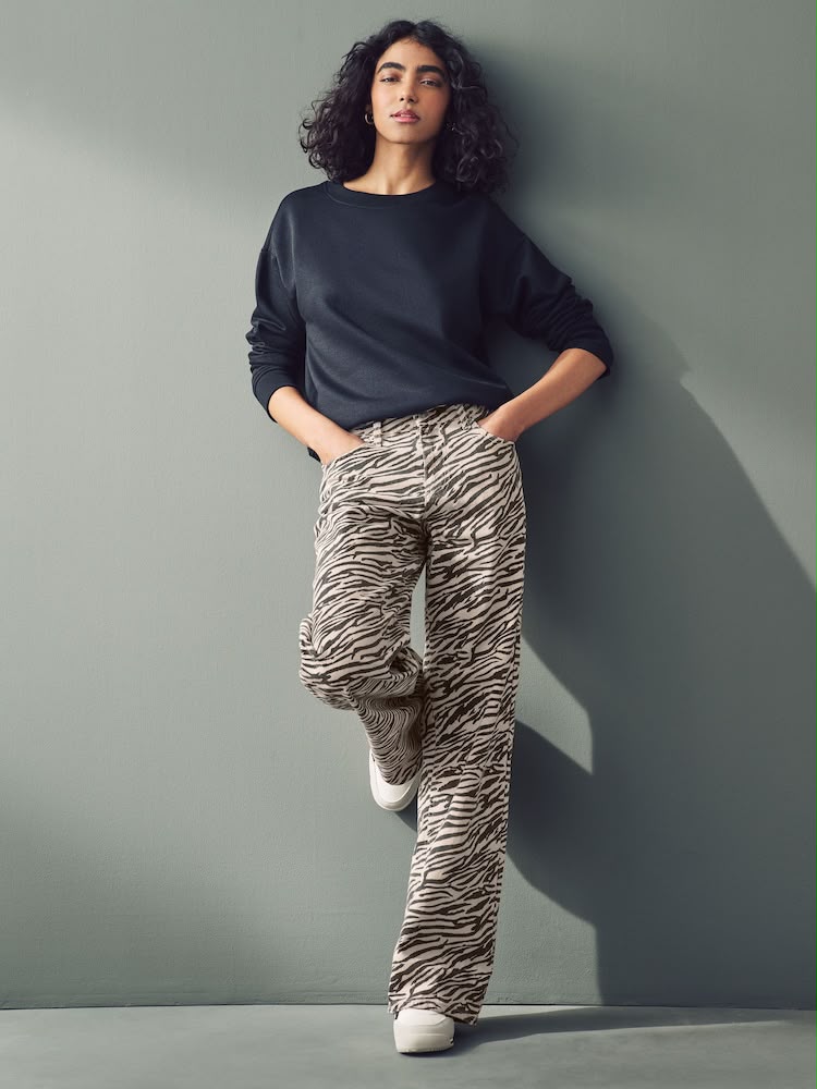 Zebra Print Cotton Wide Leg Jeans